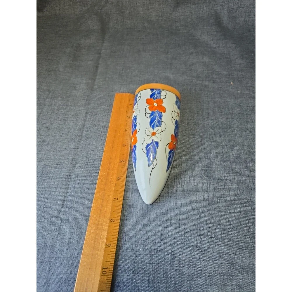 Vintage Japanese Lustreware Blue Orange Flowers Art Pottery Wall Pocket 7